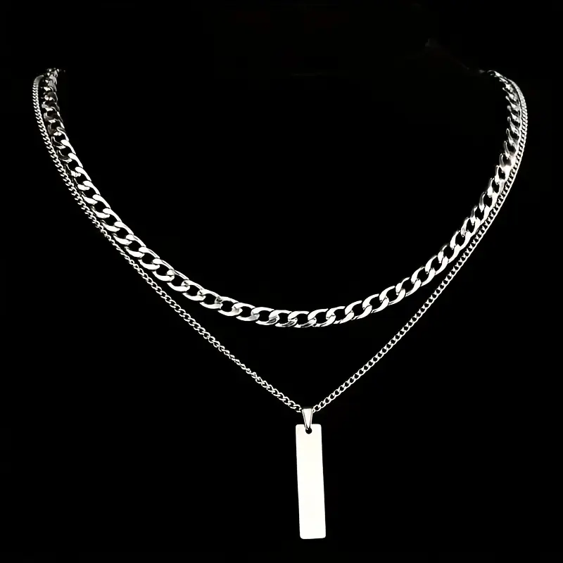 Men's 2-Piece Pendant Necklace Set, Minimalist Double Layer Chains with a Rectangular Bar, Casual Valentine's Day Jewelry, 19.68in & 23.62in