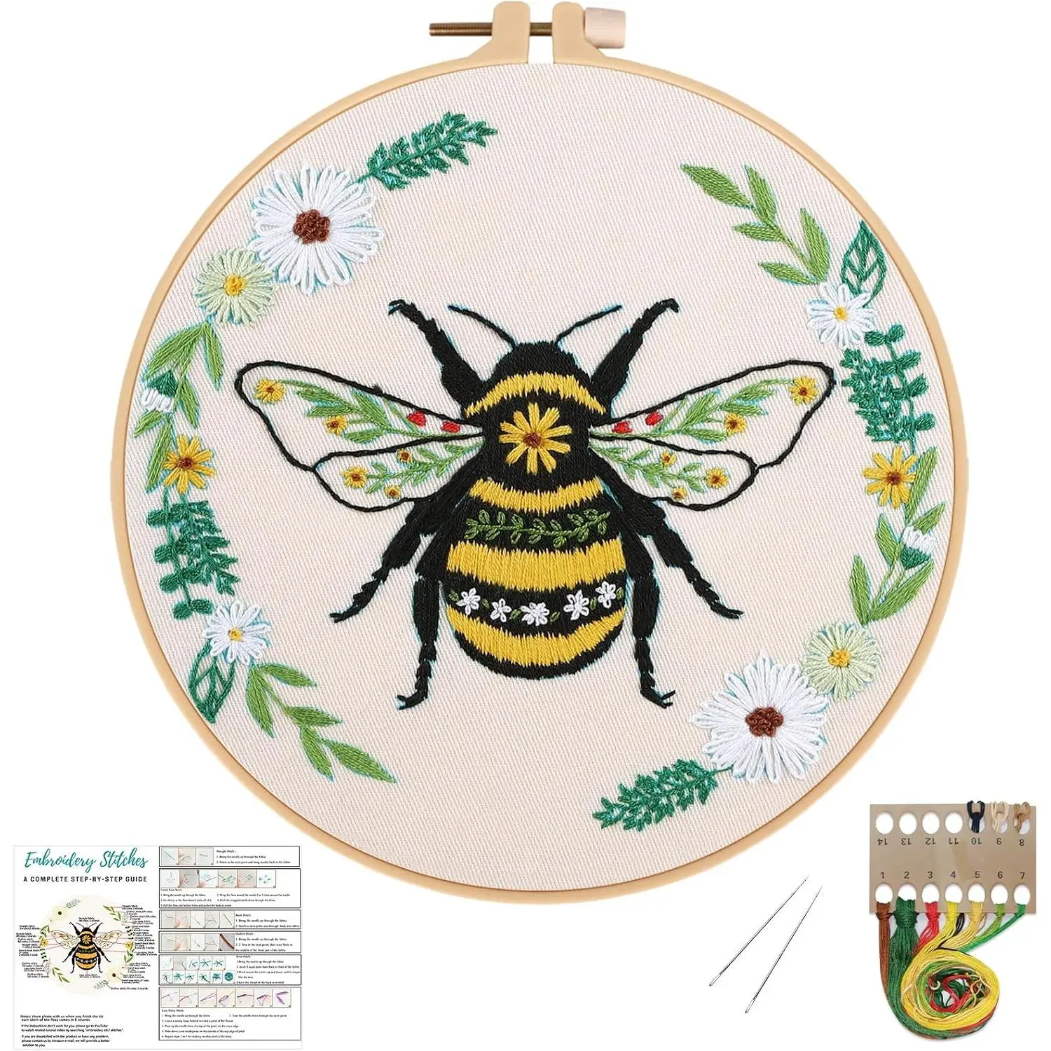Bees Embroidery Kits for Beginners - Synthetic DIY Starter Needlework Kit for Adults, Includes Cloth, 7.9 Inch Hoop with Adjustable Screws, 1 English Instruction & Threads for Bedroom Decoration