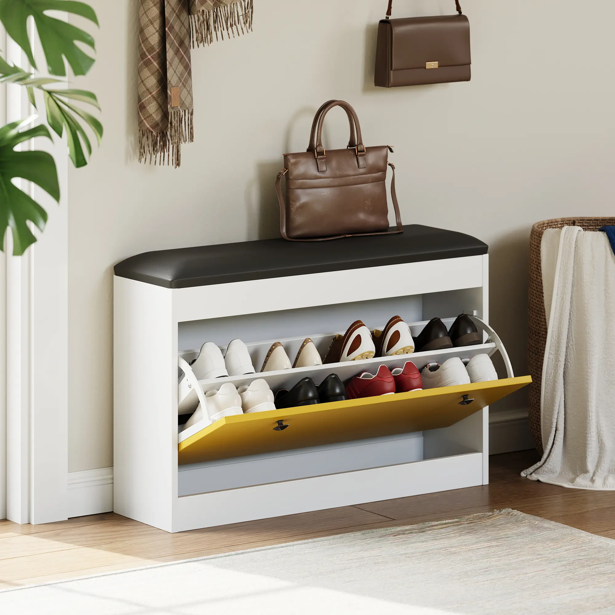 Slim White Entryway Shoe Storage Bench – Flip Drawer Shoe Cabinet with PU Cushioned Seat, Space-Saving Hallway Furniture, Easy Installation for Bedroom Living Room