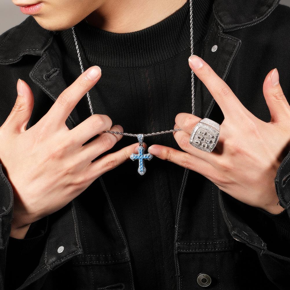 Hip-hop new blue zirconium cross necklace for men, fashionable and versatile heavy-punk sweater chain accessory