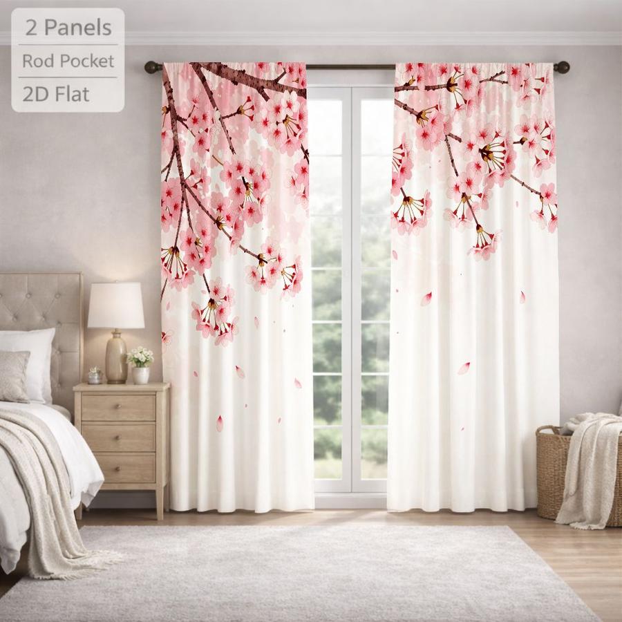 2Pcs Japanese Style Cherry Blossom Pink Floral Sun Blocking Curtains Digital Printed Rod Pocket, Window Treatment For Bedroom Office Kitchen Living Room Study Home Decor