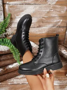 Women's Multi-Hole Laces Pull Ring Work Short Boots, Plain Color Wide Round Toe, Thick Sole, Casual Street Style