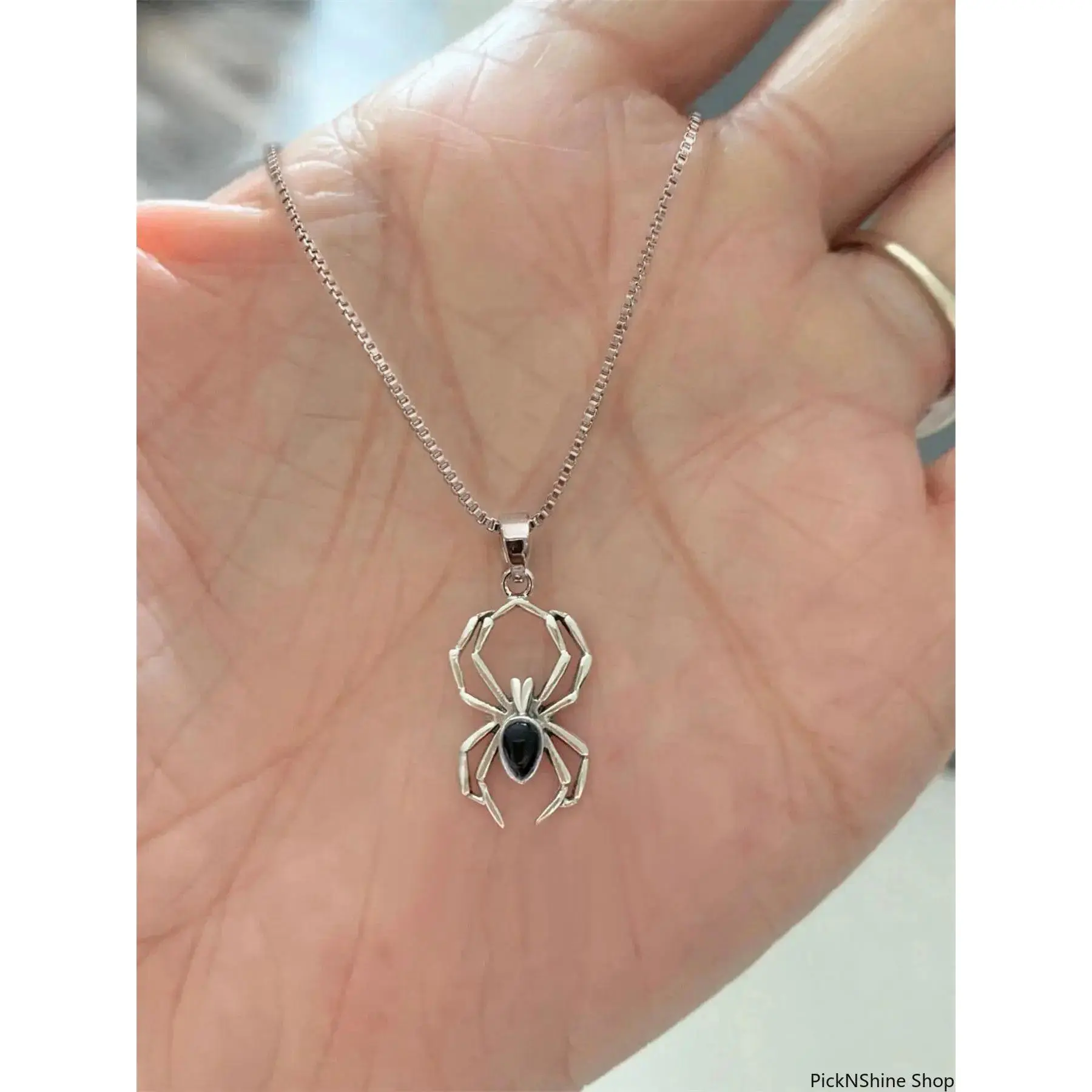Gothic Spider Motif Pendant Necklace with Synthetic Black Onyx, Stainless Steel Clavicle Chain - Witchy Aesthetic Statement Jewelry, Silver, Witch Aesthetic, Statement Wear, Witchy Dark Aesthetic