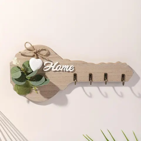 Wooden Key Holder with 4 Hooks, 1 Count Wall Mount Design Wall Mounted Key Hanger with Greenery Decor, Home Decor for Kitchen, Living Room, Bedroom, Cute Room Decor, Shelves, Decoration Items, Hanging, Decorative Key Hook
