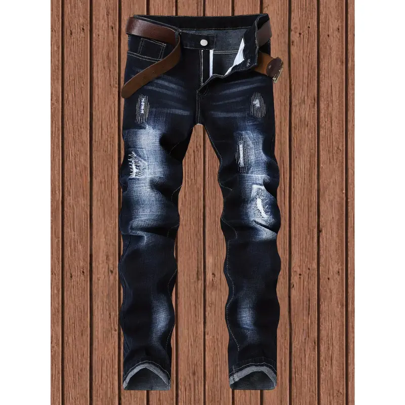Men's Straight Leg Jeans with Embroidery Design, Comfortable Casual Pants for Daily Wear, Stylish Fashion Bottoms Suitable All Seasons