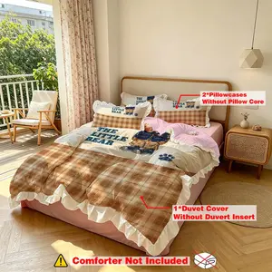 (1 duvet cover+2 pillowcases, coreless),3-Piece Duvet Cover Set With Bed Skirt,Brown bear plaid print,Soft Skin-Friendly Safe Material, Machine Washable All Season Bedding, Household Essentials For Bedroom, Dorm & Daily Home Use