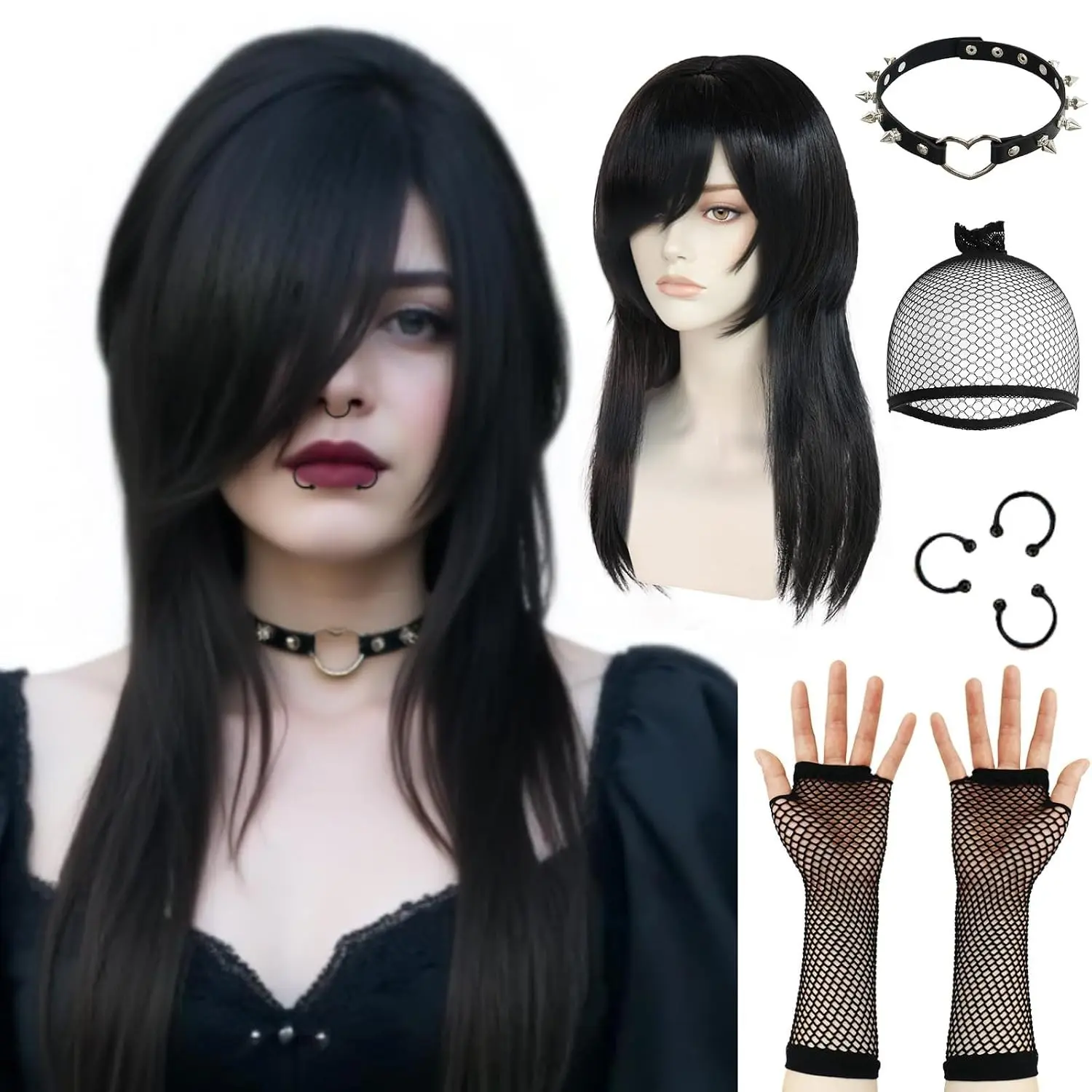 8 Pcs Emo Costume Set for Women with 22 Inch Long Black Wig, Hair Cap, 3 Fake Piercings, Fishnet Gloves & Choker - Punk Goth Scene Cosplay 2000s Halloween Party(Gift)