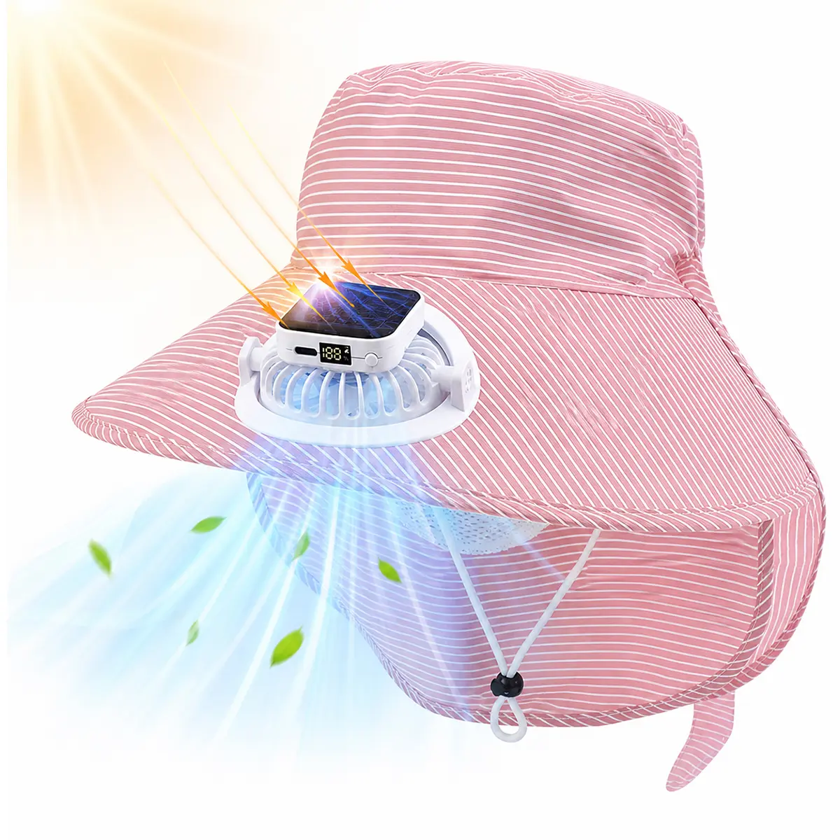Nylon Solar Powered Hat with Fan - Wide Brim UPF 50+ Cooling Bucket Beach Hat for Head, USB Rechargeable Backup, Neck Flap, Quiet 2-Speed Fan for Golf, Fishing - Summer Essential for Women & Men