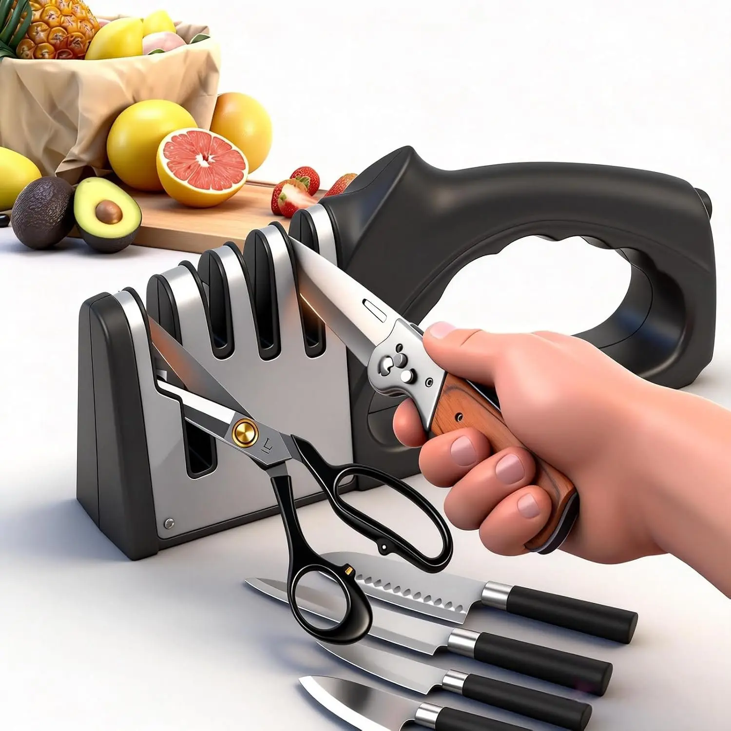 4-In-1 Manual Kitchen Knife Sharpener, Professional Pull-Through Sharpening Tool with Tungsten Steel & Ceramic Slots, Non-Slip Base, Easy-to-Use Kitchen Accessory for Chefs, Knives