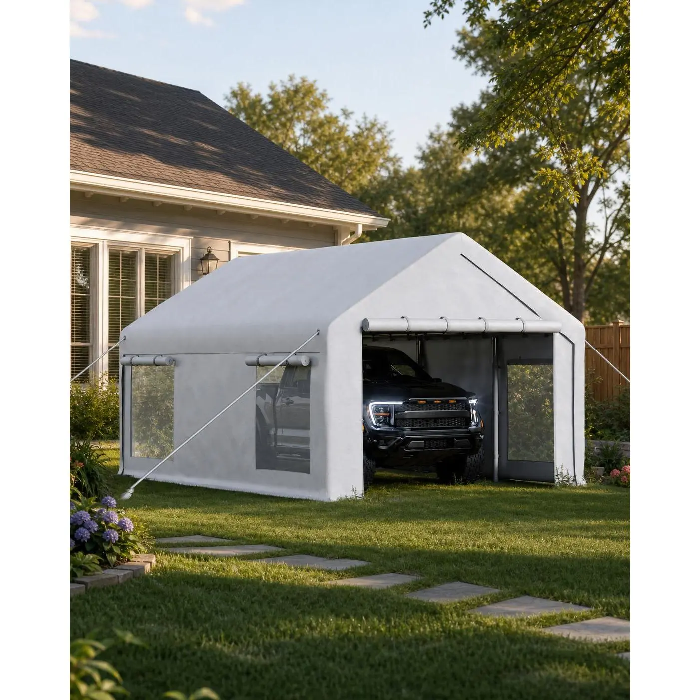 10x20 FT Sturdy Heavy Duty Carport Canopy - Waterproof, Weather Resistant Shelter, Portable Car Storage with 32MM Galvanized Steel Frame, 4 Mesh Windows, 2 Zipper Doors for Truck, Boat