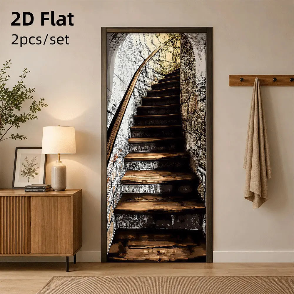 1pc Vintage Stone Staircase Door Sticker, Mysterious Castle-Style Home Wall Decor for a Unique Spatial Effect, 2D Flat Wall Decals