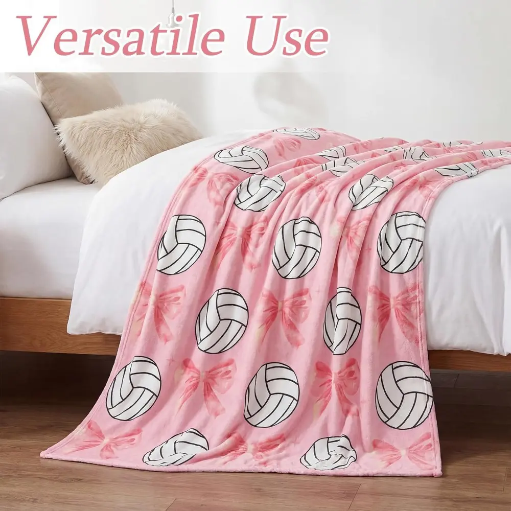 Cartoon Volleyball & Bow Print for Adults Soft Lightweight Pink White Black Throw Blanket Suitable for all four seasons, the afternoon nap blanket is soft and breathable, featuring a pattern - an office nap blanket, sofa blanket, bed blanket