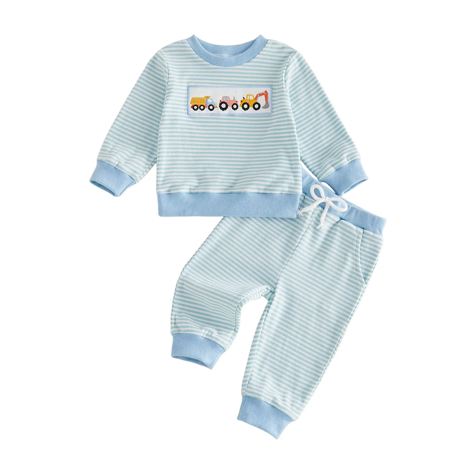 Toddler Baby Little Boys Outfit Long Sleeve Embroidery Engineering Car Sweatshirt with Striped Sweatpants Fall Outfit 6M-3T