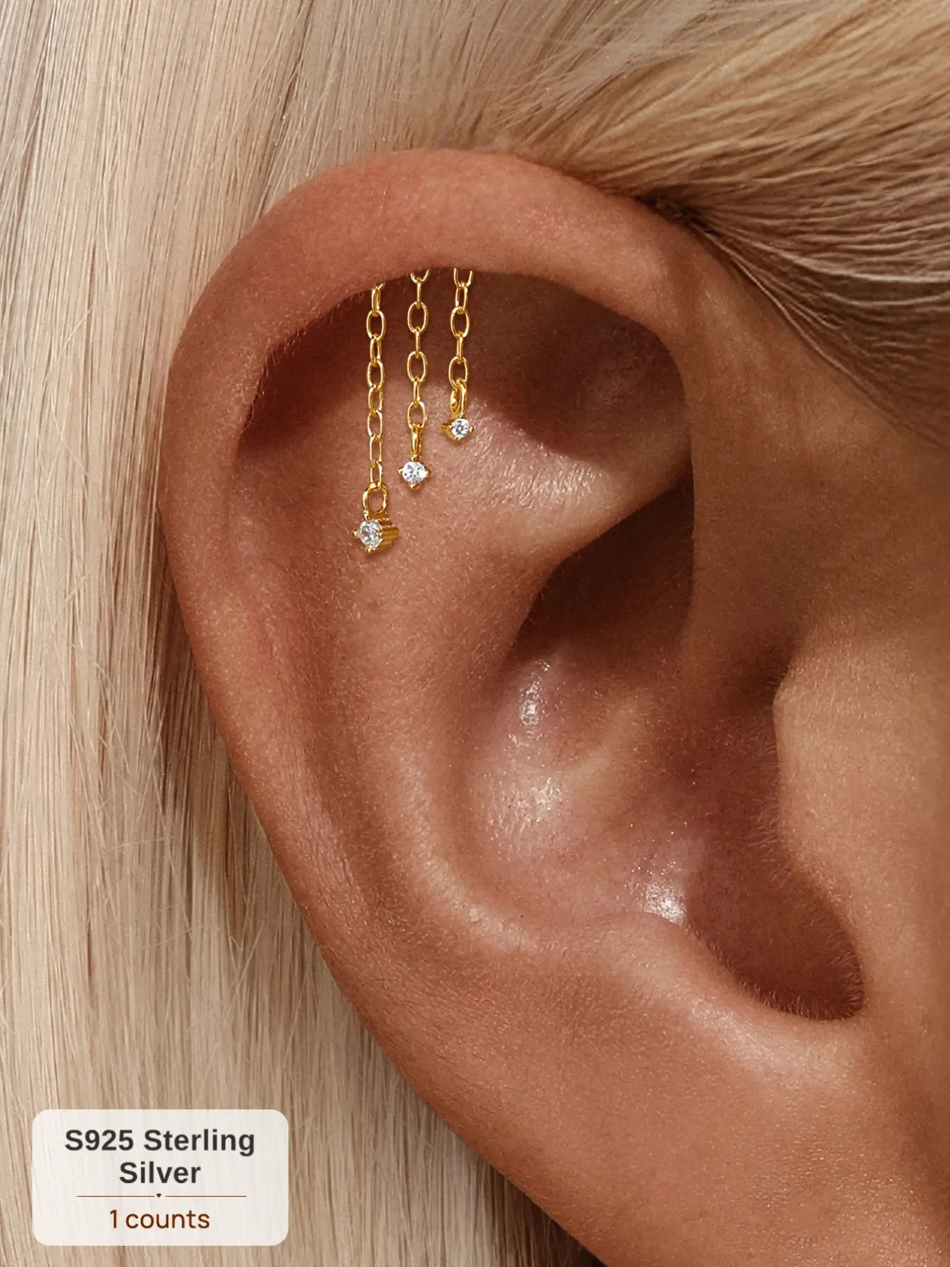 1Pc Waterproof S925 Silver Gold Flat Back Stud Earring, Elegant Non-Tarnish Hypoallergenic Y2K Bling Rhinestone Accessories, Tarnish Free Graduated CZ Cascade Chain Cartilage Bridal Wedding Party Gift