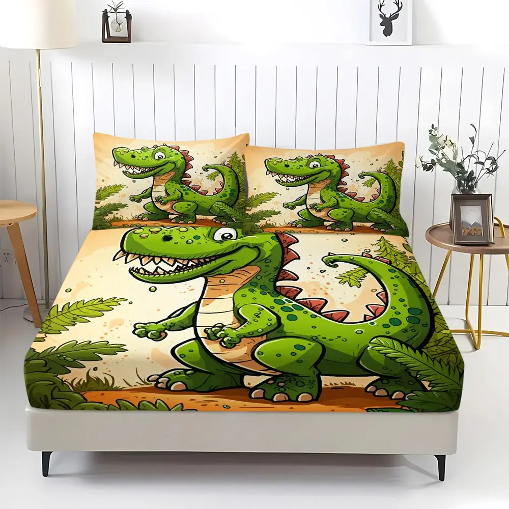 3Pcs Cute Dinosaur Print Fitted Sheet Set (Includes 1 Fitted Sheet And 2 Pillowcases; No Core). Vivid Digital Print Bed Sheet Set, Soft & Breathable, Deep Pocket, Non-Slip, Kids Bedroom Decor, Cute Bedding