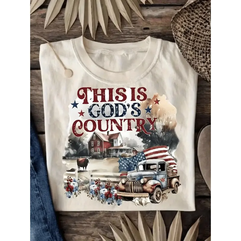 Round Neck Anti-Pilling Casual Tee - Bright Red and Blue "This Is God's Land" Design with Stars Motif, Red Farmhouse, Vintage Truck & Pastoral Scene, Machine Safe Sports Top for American Pride Celebrations, Ideal Gift