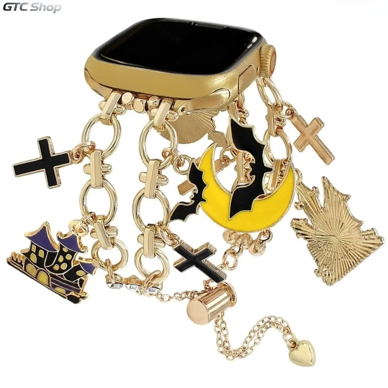 Gothic Halloween Charm Metal Chain Watch Strap for Apple Watch All Sizes Ultra 2 SE Series 1-11, Bat Moon Haunted House Cross Dainty Jewelry Bracelet Adjustable Extension Wristband Gift for Women
