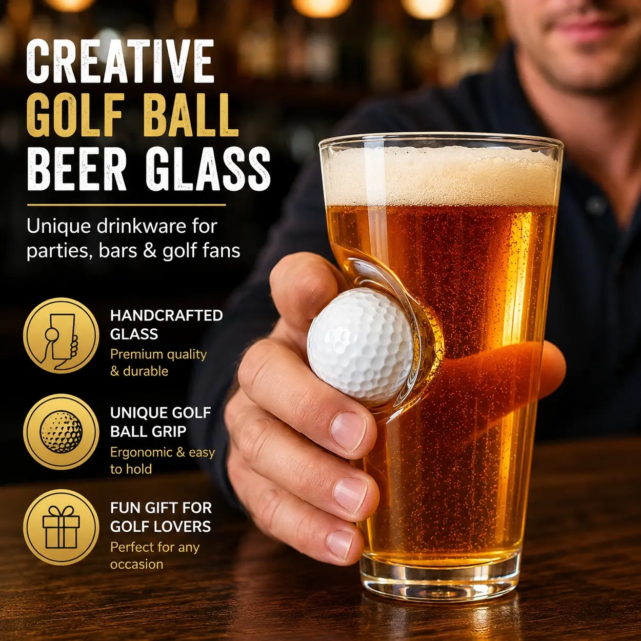 Creative Golf Ball Beer Glass Cup with Embedded Golf Ball Design, Unique Pint Glass Drinkware for Golf Lovers, Sports Fans and Players, Fun Bar Accessories for Beer Tasting, Birthday Gifts, Christmas Presents, Father's Day Celebrations, Parties