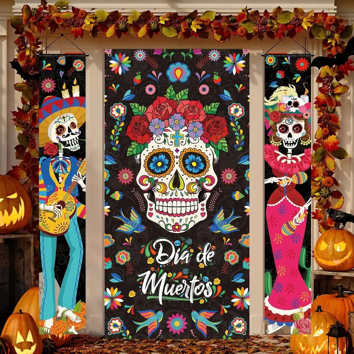 Large Day of the Dead Sugar Skull Artwork Print Porch Banner Set - Lightweight Mexican Dia De Los Muertos Halloween Party Decor, Easy Folding Hanging Supplies for Doors, Home Indoor Outdoor Use