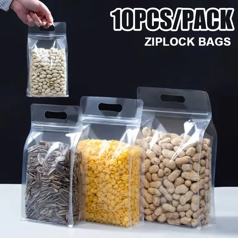 10 Pcs Clear Stand‑Up Zipper Bags with Handle, Thick Resealable Food Storage Bags, Packaging Pouches for Nuts, Snacks, Dry Goods, Millet, Oats and Assorted Grains, Reusable Kitchen & Commercial Food Packaging Bags