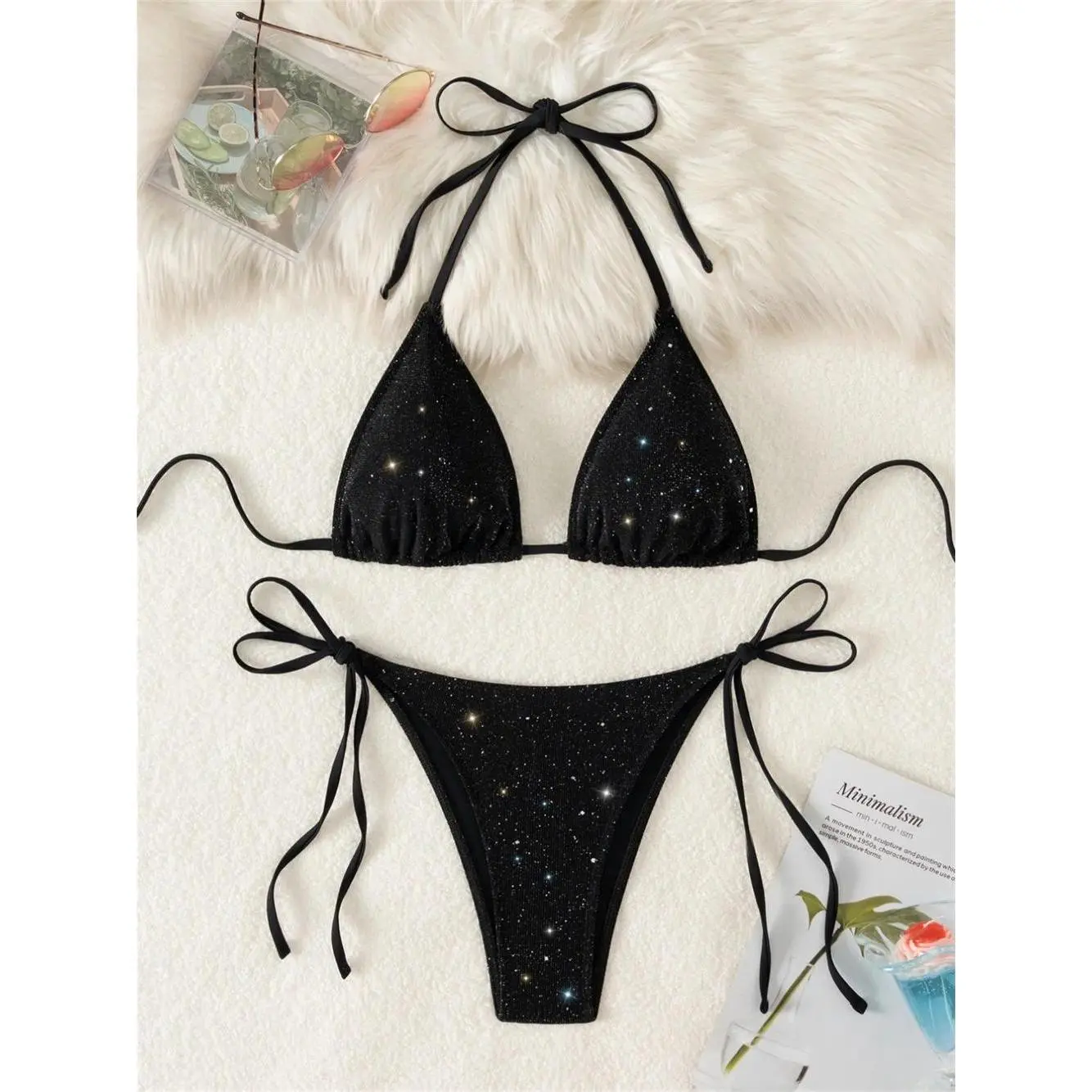 Shiny Tinsel Micro String Bikini Black Y2K Sequin Swimsuit Push Up Vacation Swimwears Women Triangle Backless Beach Bathing Suit