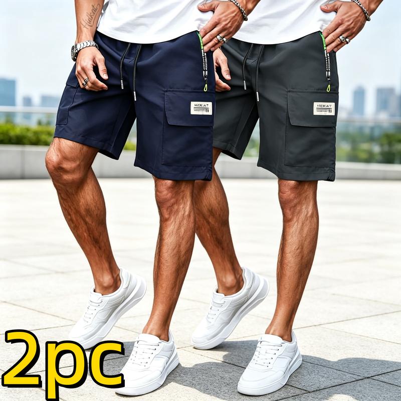 Men's 2-PC Sports Shorts - Cotton Nylon Fabric, Slogan Print, Zipper Pockets, Leisure Wear for Summer Vacation, Daily Commuting