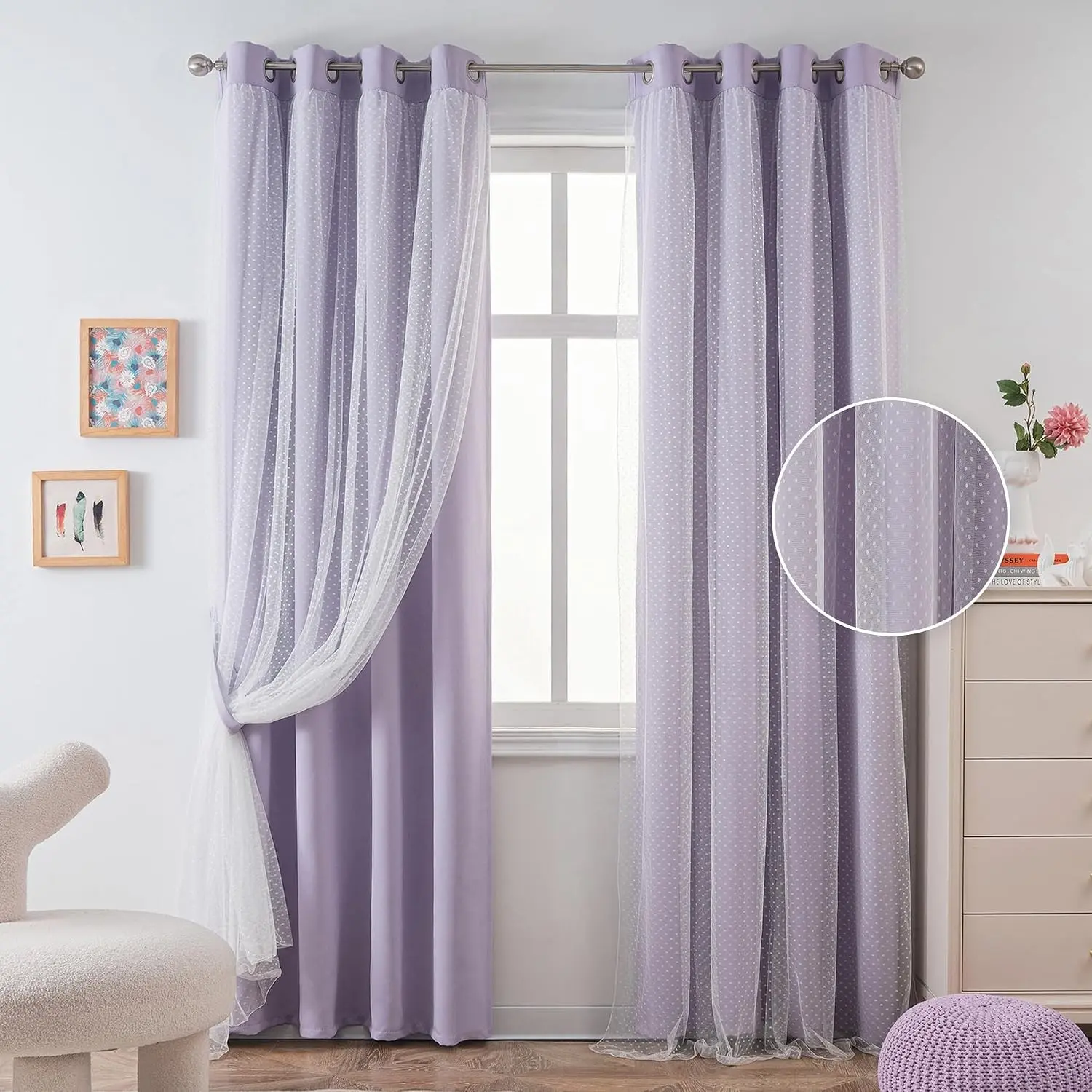 Lilac Blackout Curtains for Girls Bedroom & Nursery Kids, Purple Lavender Double Layer with Polka Dots Sheer, Grommet Tops, 52x84 Inch, 2 Panels(Gift)