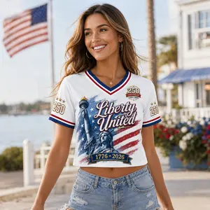 USA 250th Anniversary Crop Jersey Women Liberty United Patriotic Shirt 1776-2026 Statue of Liberty Graphic V Neck Short Sleeve Crop Top 4th of July Independence Day Freedom America Pride Streetwear Summer Festival Gift