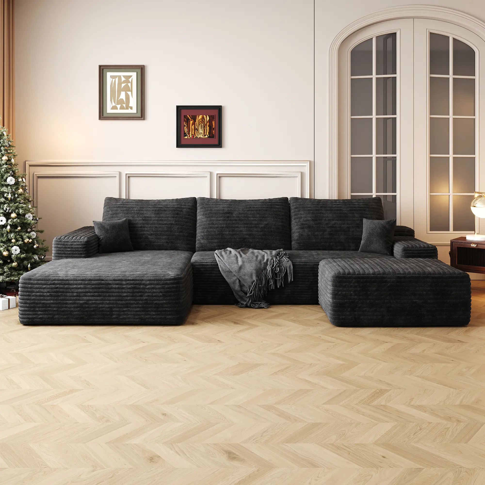 Nokaa 107" Cloud Sectional Sofa with Ottoman, U Shaped Couch for Living Room, Deep Seat Corner Sofa, Plush Corduroy Fabric, No Assembly Required, Black, 4 Seat, Foam Filled, Modern Minimalist