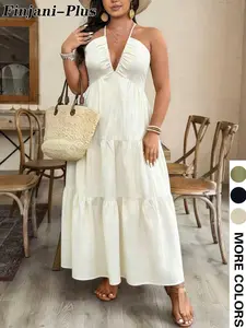 Plus Size Summer Halter Backless Dress, V Neck Maxi Skirt, Beachwear Style, Elegant Party Gown, Comfortable & Stylish Design, Chic