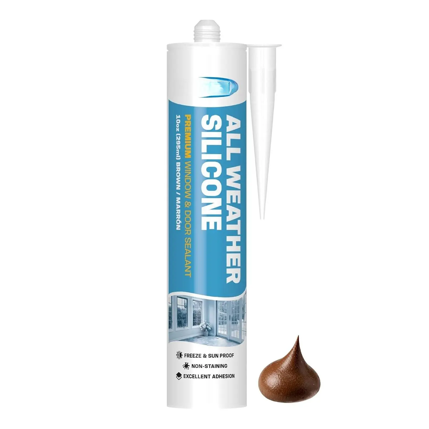 Weather ,  Window and Door Sealant,   Sealant, Permanently Flexible, Low Odor, Neutral Cure, Interior & Exterior Use, 10 oz, Brown
