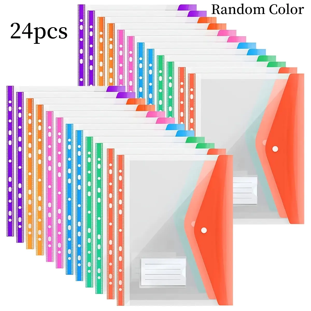 24Pcs A4 Expandable Binder Pouches with Label Slot, Snap Seal 11-Hole Document Sleeves, Heavy Duty Plastic Paper Storage for Student & Office, Random Colors