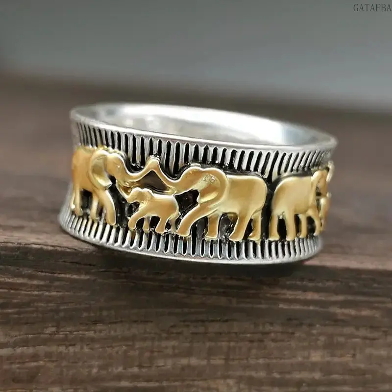 Vintage Two-tone Gold Plated Elephant Ring for Women & Men, Unique Animal Couple Finger Jewelry for Daily Wear