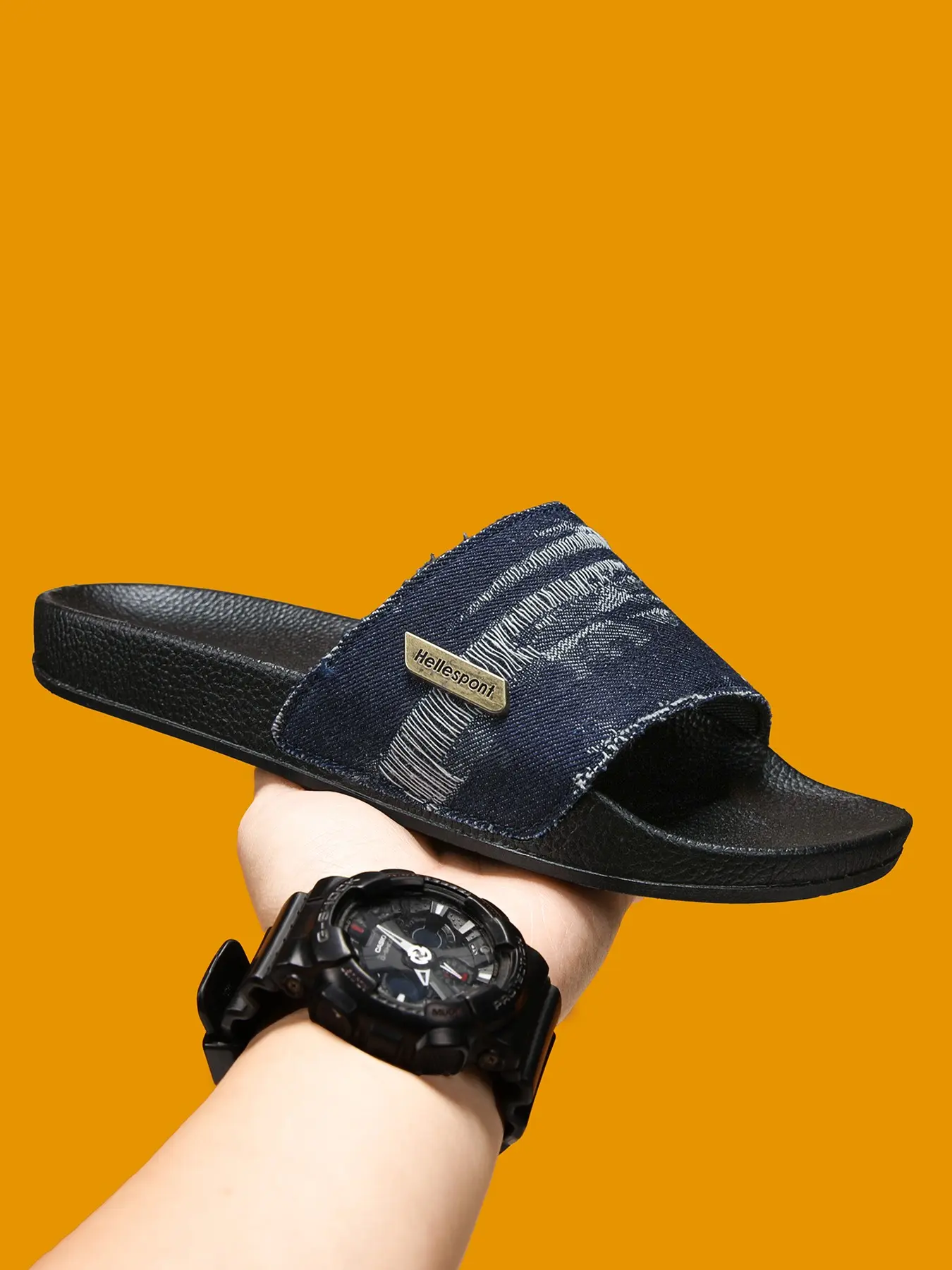 Men's Distressed Frayed Denim Strap Slide Sandals, Metal Tag Decor Pebble Leather Insole Open Toe Non Slip Casual Slippers for Indoor Shower Outdoor Daily Street Walking Wear
