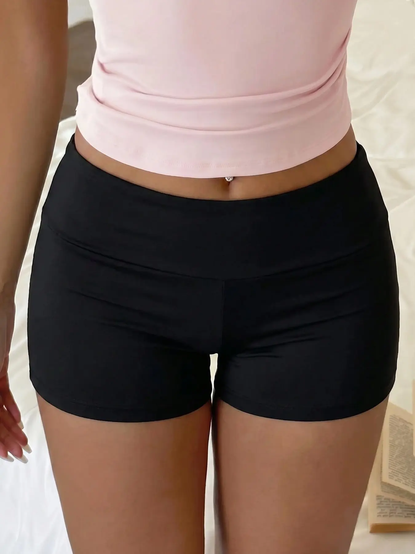 Solid Black Fold Over High Waist Bodycon Mini Shorts, Soft Stretch Tight Shorts For Summer Daily Wear #springsaledeals2026 #bikershorts #casualshorts #womenswear