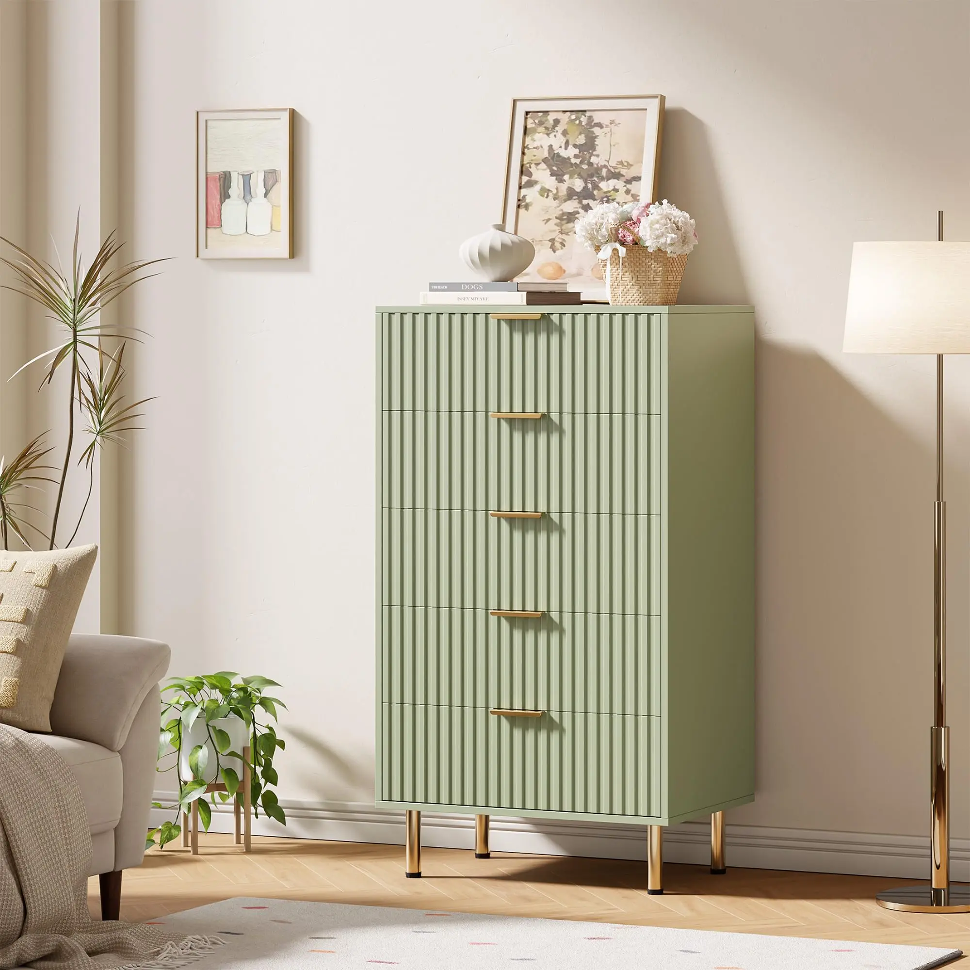 Modern Fluted 5 Drawer Dresser – 47" Tall Wooden Chest with Deep Storage, Wide Top, Organizer for Bedroom, Living Room, Hallway, Kids Room