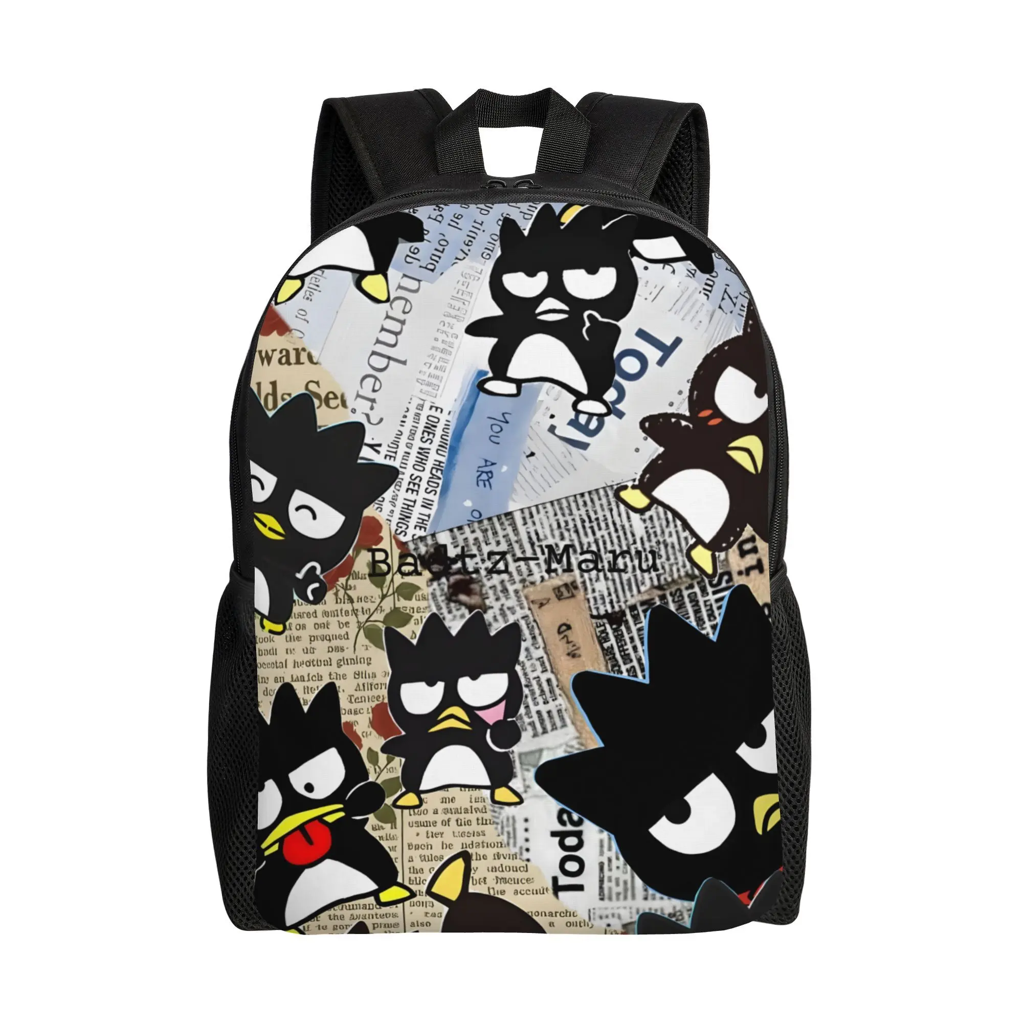 Vintage Newspaper Collage Badtz-Maru XO Backpack, Multi-Expression Cool Black Penguin Print Daypack, 600D Oxford Lightweight School Bag Padded Straps Fits 15-inch Laptop, Side Mesh Pockets Washable Kawaii Backpack for Sanrio Fans Teens Daily Travel