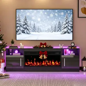 70 Inch Modern Electric Fireplace Media Console, Built-in Custom LED Ambient Lighting, Spacious Enclosed Storage Cabinets, Large Entertainment Center Compatible with Max 80 Inch Television for Modern Living Room Home Decor