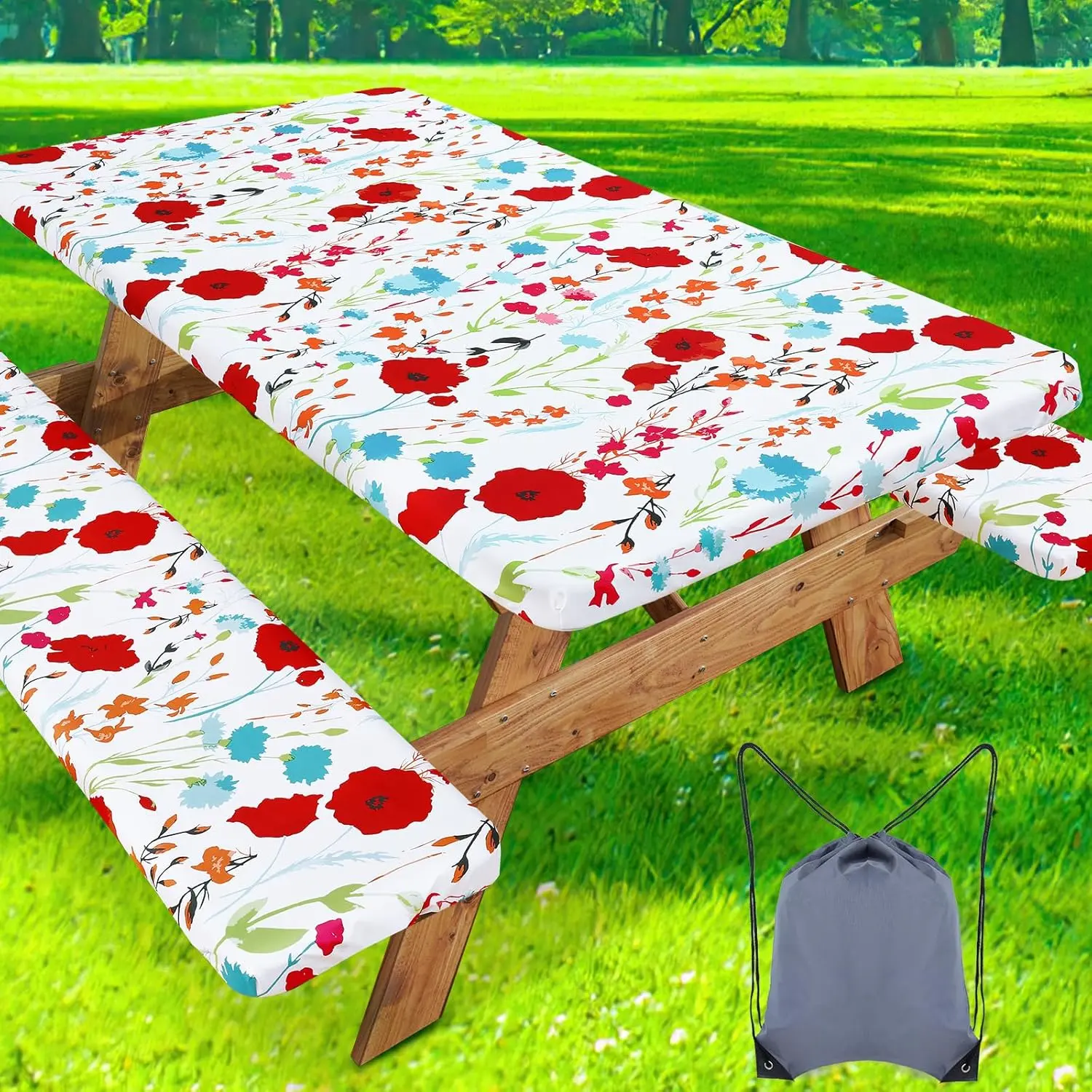 Picnic Table Cover with Bench Cover, Waterproof Elastic Fitted Tablecloth for 6 Foot Tables, Rectangle Washable Polyester Fabric Tablecloths for Picnic, Camping, Outdoor (Flower, 30" x 72")