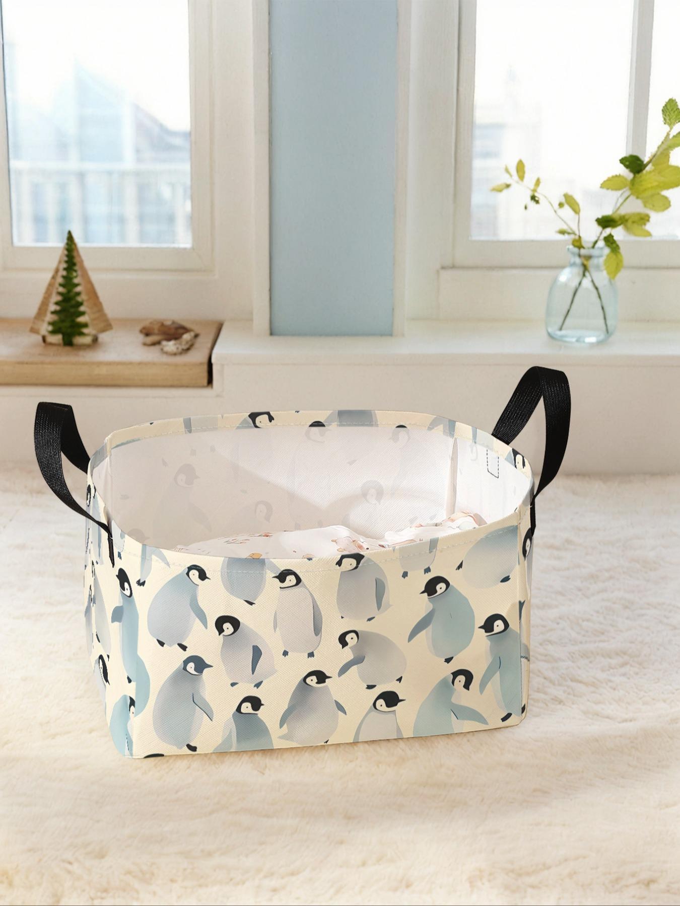 Penguin Pattern Printed Open Storage Box, Multi-functional Storage Basket with Handle, Foldable Clothing Storage Box, Clothes Baskets, Home Essentials