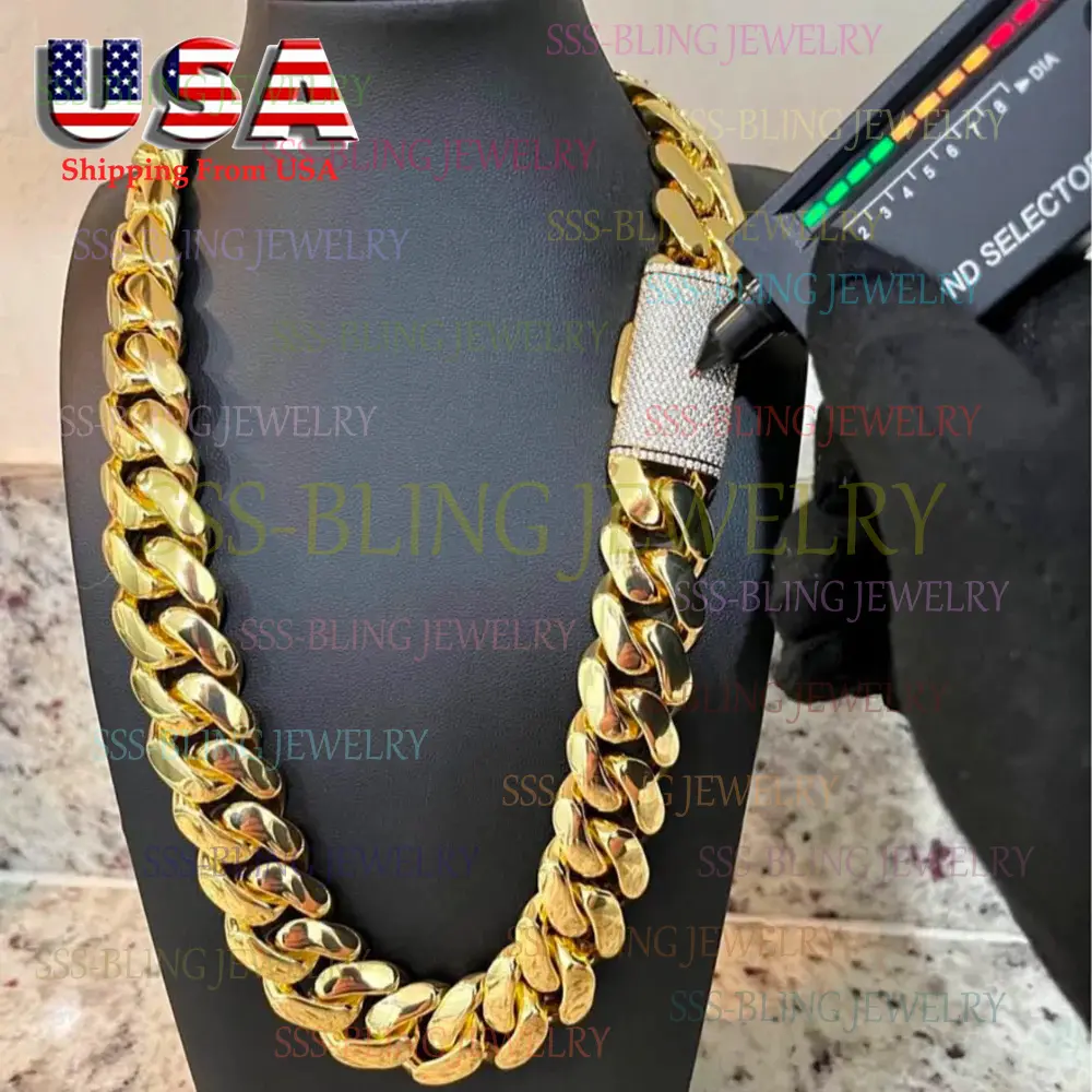 5A Diamond Bling Mens Necklace,14K Yellow Gold Plated Miami Cuban Chain Necklace ,Soild Stainless Steel+Brass Clasps 12/14/18/20/22mm sohochic