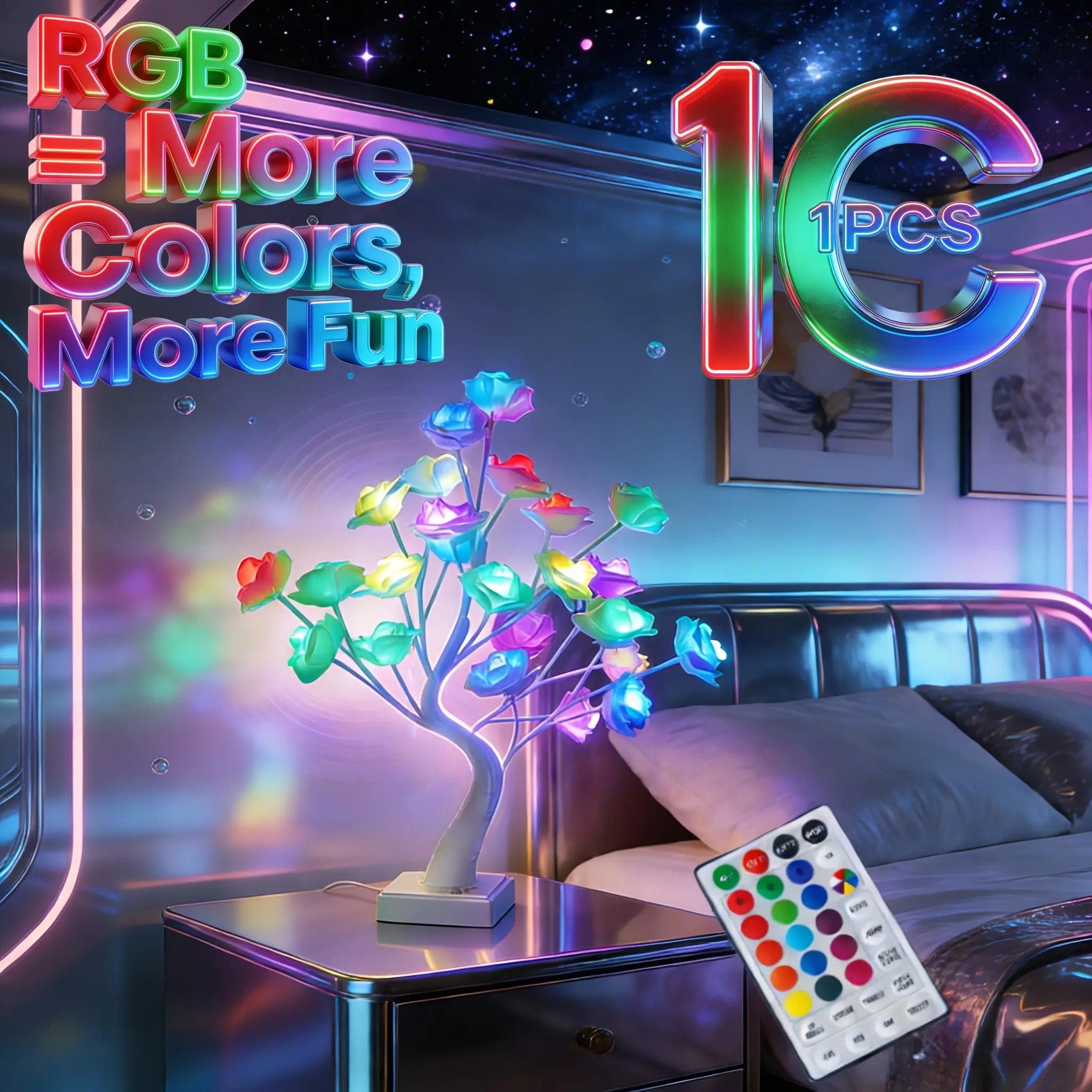 1pc-24 Modes Color Changing LED Rose Tree Lamp with Remote, Multiple Styles Smart USB Powered Plug-in Flower Light for Aesthetic Room Decor, Summer Holiday Party, Autumn Halloween Preview, Wedding Birthday Romantic Mood Gift
