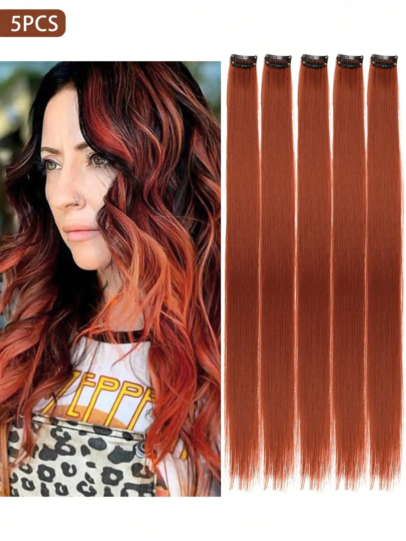 5pcs Synthetic Long Straight Clip-In Extension Hair, Synthetic Hairpiece, 20 Inches Copper Brown Color Hair Extension for Women Used Daily ,Party,Cosplay,New Year, Carnival, Music Festival, Halloween, Christmas Party Gifts