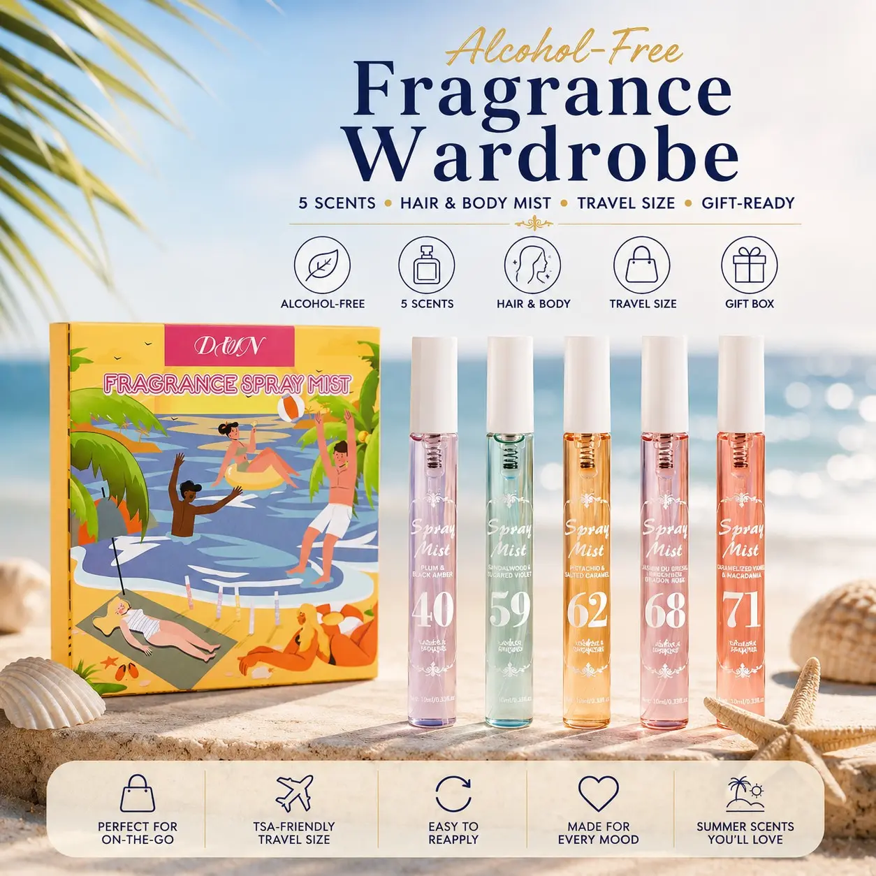 5 Scents Alcohol-Free Charming Fragrance Mist Set, Hair & Body Mist, Mini Travel Size Perfume Spray Gift Set for Women, Daily Summer Fragrance