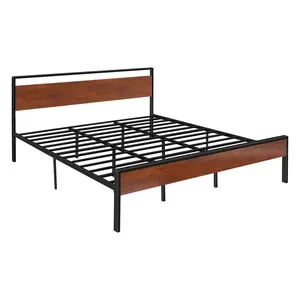 【DealsForYouDays】VEVOR King Size Bed Frame, 14 Inch Black Metal Platform Bed Frame with Retro Brown Wooden Headboard and Footboard, Large Under-Bed Storage, Non-Slip Without Noise, No Box Spring Needed, Easy Assembly