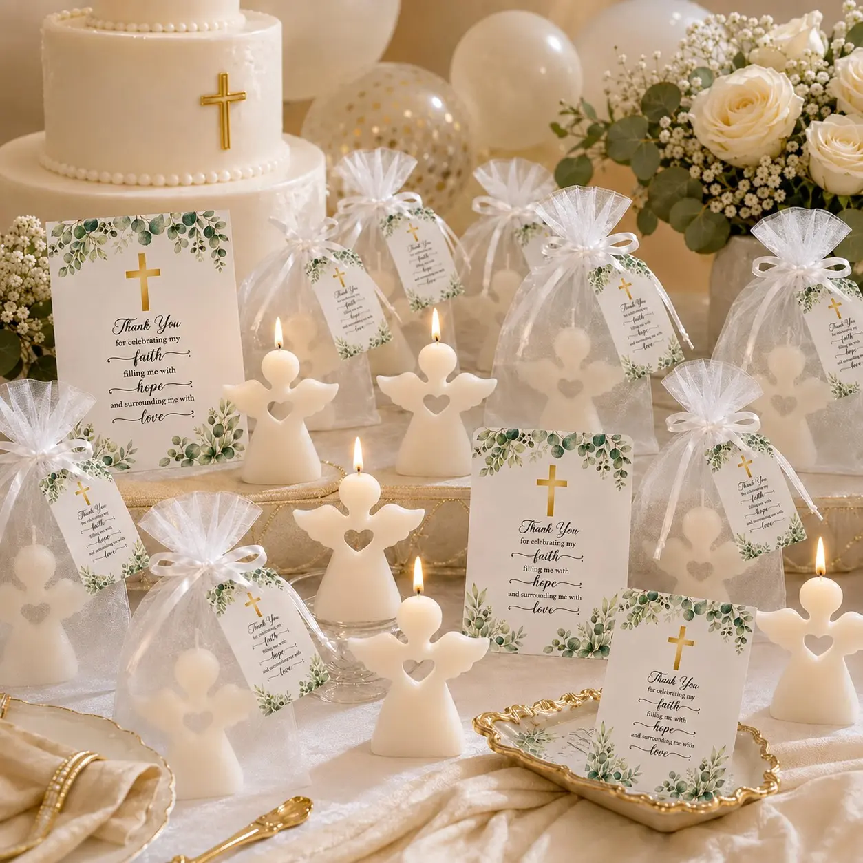 30 Pcs/10set Christian Baby Shower Party Favors, Angel Candle Keepsake Party Gift Packs with Organza Bags and Thank You Tags, Baptism Christening Guest Gifts, Religious Baby Blessing Souvenirs for First Communion, Gender Reveal, Birthday Party