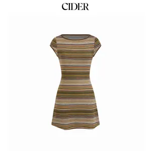 Cider High Stretch Textured Striped Boat Neck Short Sleeve Colorblock A-line Mini Dress