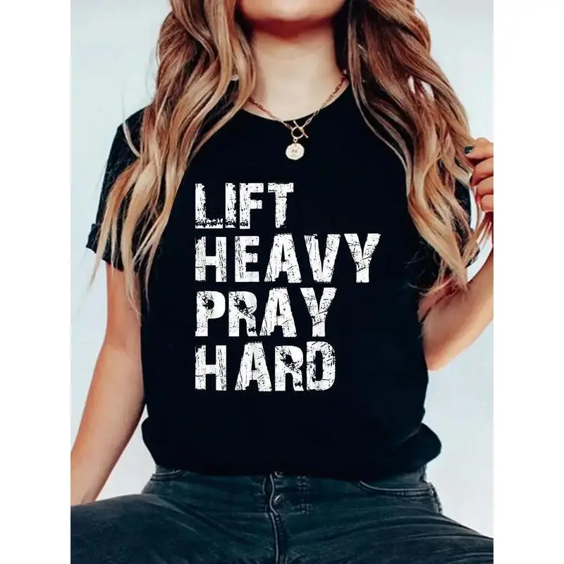 Lift Heavy Pray Hard, Gym Christian Gift For Christian T-Shirt, Small, Black Women Graphic Shirts Casual Short Sleeved Tee Round Neck Sporty Lover T-Shirts
