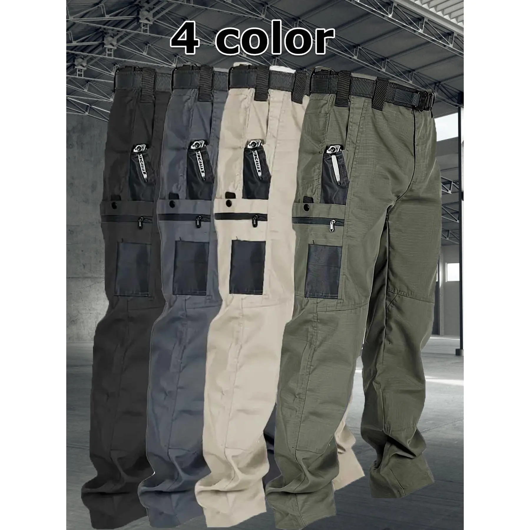 Men's Solid Color Zipper Waterproof Tactical Work Pants, Without Belt, Solid Color Design, Regular Fit, with Sports Pockets, Autumn Durable Pants, Men's Wear-Resistant Outdoor Training Pants. Please Place Your Order According to the Size Chart.