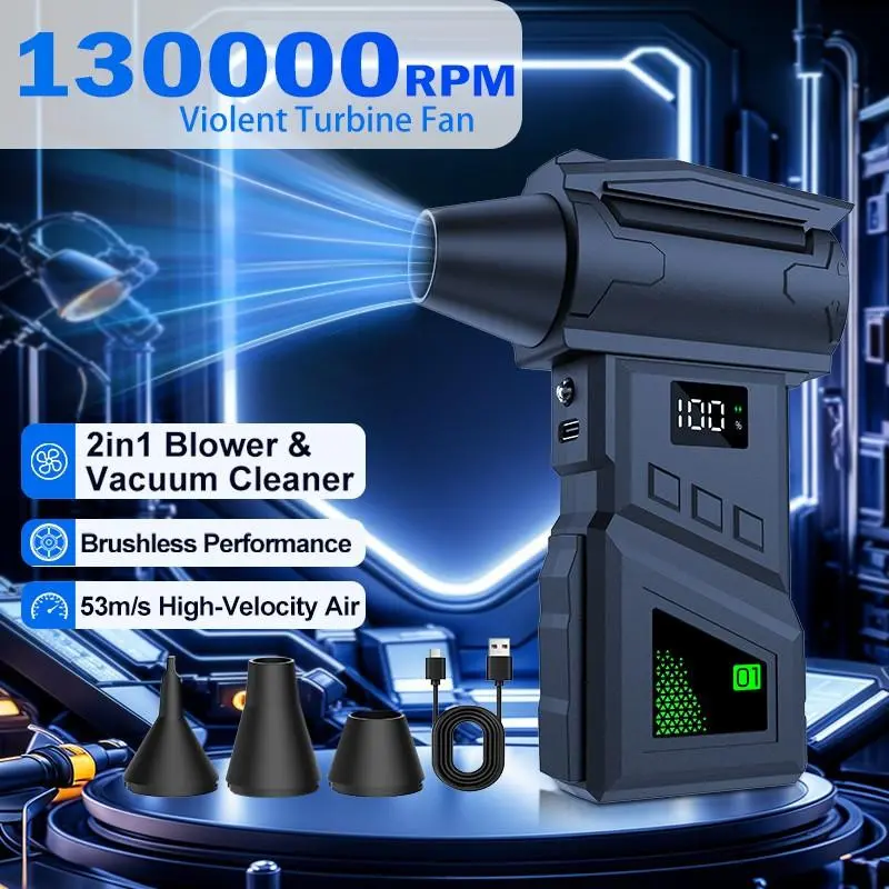 130000RPM Violent Turbine Brushless Air Blower 53m/s High Velocity Cordless Turbo Fan with LED Light & Digital Display Type-C Rechargeable Handheld Dust Cleaner for PC Keyboard Car Detailing Snow Removal Pet Hair Camping Household Deep Cleaning